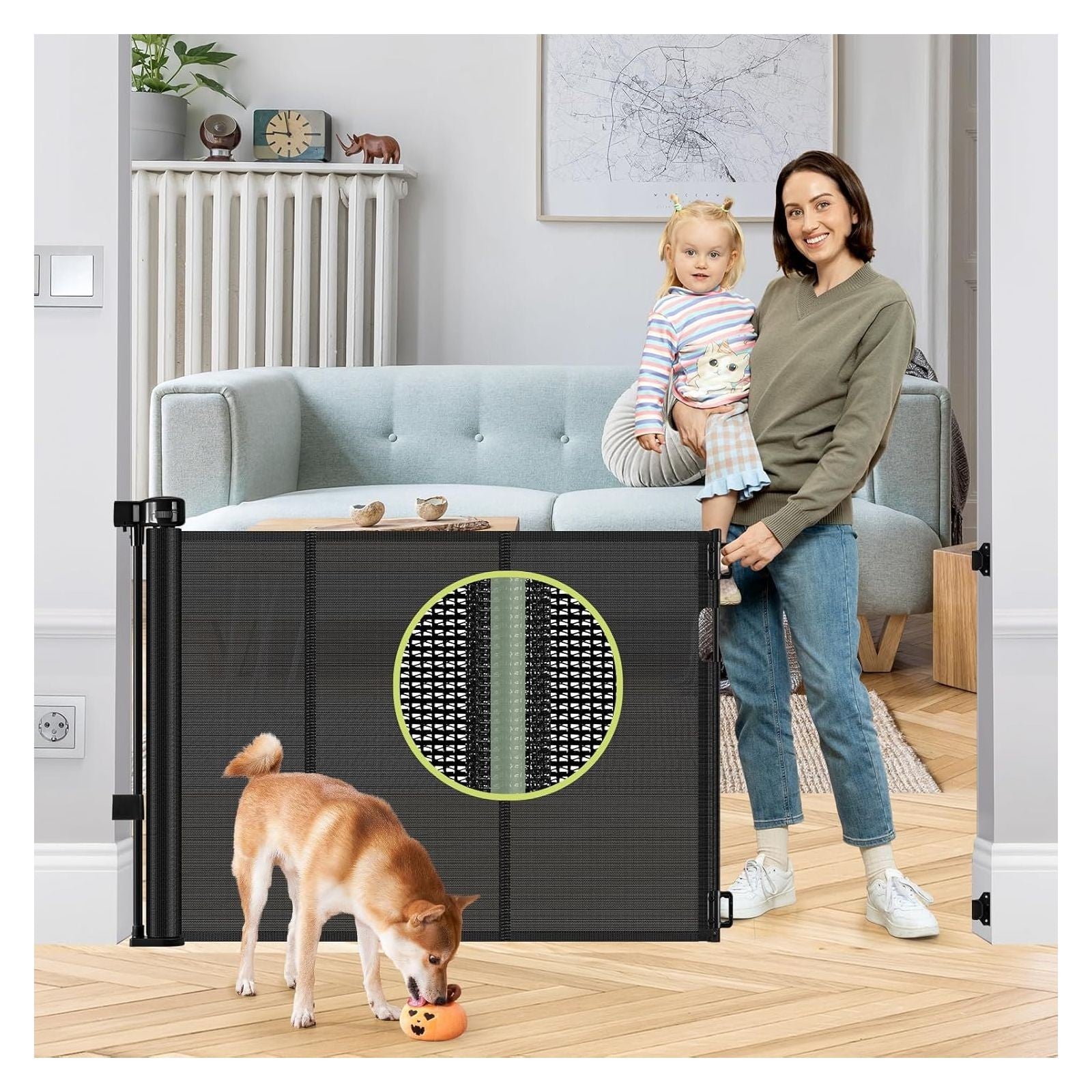 HEELALBABY REINFORCED 55" WIDE RETRACTABLE DOG GATE WITH SUPPORT BEAM - Black